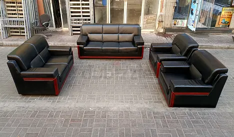 Black Leather 3+2+1+1 Sofa Set with Wooden Base - Good Condition