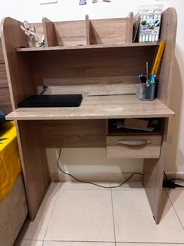 Compact wooden computer desk with shelves and drawer - light oak