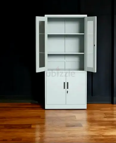 White Metal Storage Cabinet with Glass Upper Doors & Lockable Lower Cupboard
