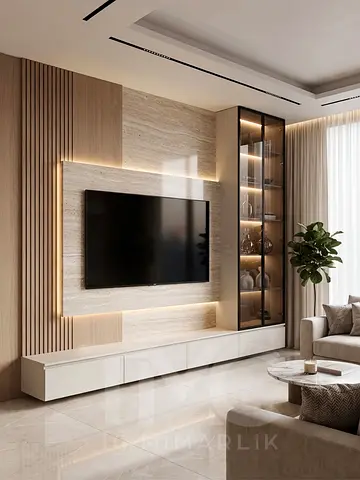 Modern wall-mounted entertainment unit with display cabinet