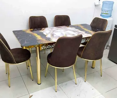 6-Seater Marble-Top Dining Table with Gold Frame and Upholstered Chairs
