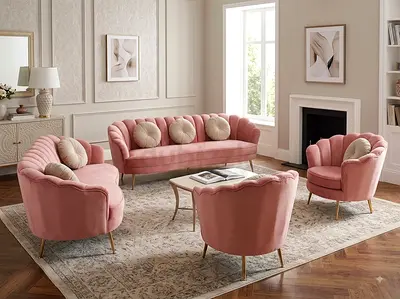 Pink Velvet 7 Seater 3+2+1+1 Living Room Set with Accent Chairs - Good Condition