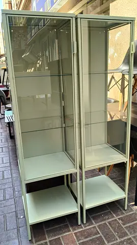 Pair of Glass Display Cabinets / Curio Cabinets - Light green, Good Condition