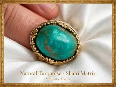 Gold-tone Ring with Natural Turquoise (Shajri Matrix) - Men's/Unisex