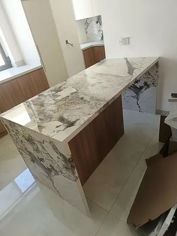 Marble-look Kitchen Island with Wooden Base - Like New