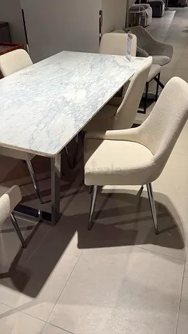 Marble Top Dining Table with 6 Cream Upholstered Chairs