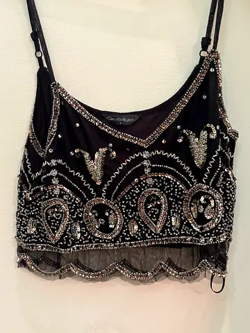 Miss Selfridges vintage style Black Beaded Crop Top with Sequin Embellishments, Size 8, Small/Medium