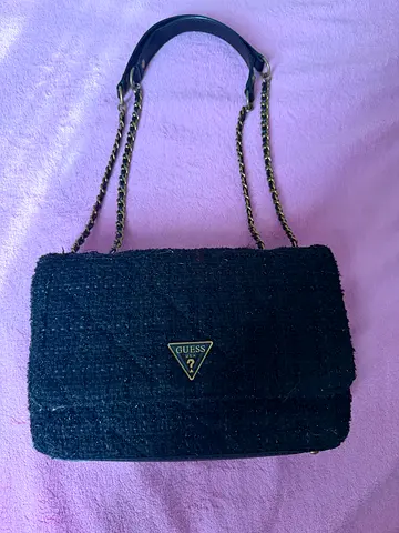 Guess Black Tweed Shoulder Bag with Chain Strap