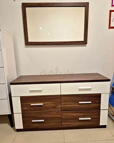 Wooden 6-Drawer Dresser with Mirror - Walnut & White