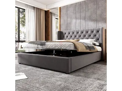 Grey Upholstered Storage Bed with Tufted Headboard - King direct Factory price