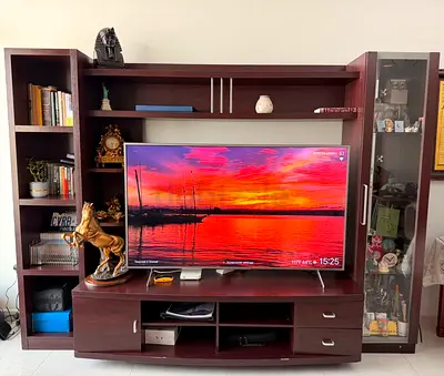 Dark Wood Entertainment Unit with Glass Display Cabinet