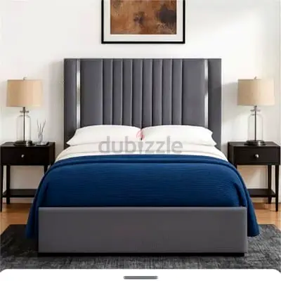 New Modern upholstered double bed with tall vertical-panel headboard - gray