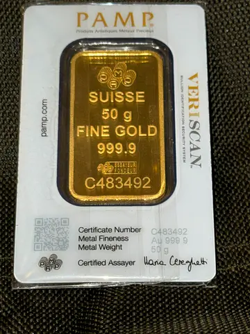 PAMP Suisse 50g 999.9 Fine Gold Bar in Assay Card