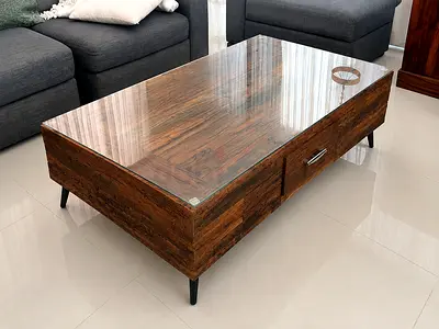 Rustic Wooden Coffee Table with Glass Top & 2 Drawers – Excellent Condition