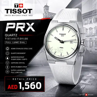 Tissot PRX Quartz White Dial White Rubber Strap - AED 1,560