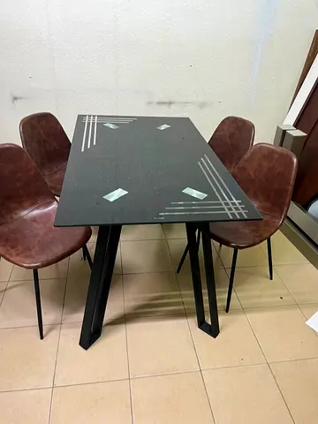 Modern 4-Seater Dining Table with Chairs - Black Glass Top