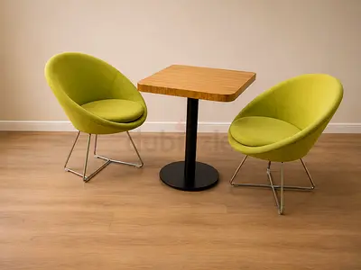 Modern Square Wood Table and Two Green Fabric Tub Chairs Se
