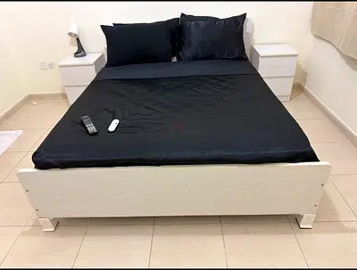 White Wooden Double Bed Frame with Nightstands - Good Condition