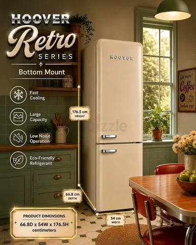 Hoover 300L Retro Cream Bottom-Mount Fridge (rare color!)