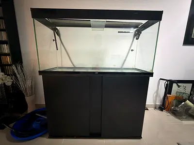 Large glass aquarium with black cabinet and hood - 180-240L (good condition)