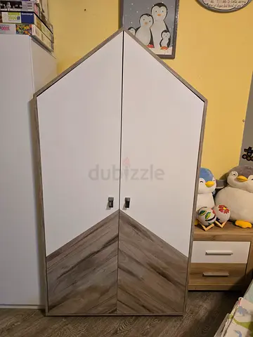 House shaped kids 2-Door Wardrobe - Light Wood & White Finish