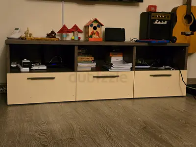 Low TV/Media Cabinet with 3 Drawers - Dark Wood Top, Cream Fronts