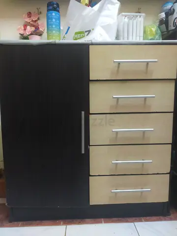 Compact 1-door Cabinet with 5 Drawers - Dark Wood & Light Front
