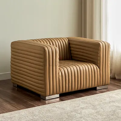 Modern Tan Ribbed Leather Armchair