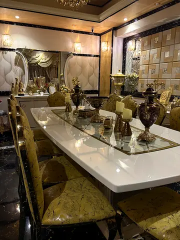 Marble Top Dining Table with 10 Upholstered Chairs - Elegant Set