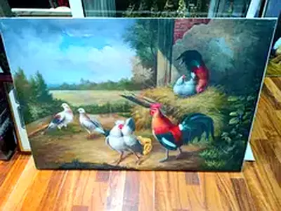 Oil-style Rooster and Doves Farmyard Painting- 92x64cm
