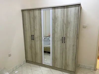 Modern Five Door Wardrobe with Central Mirror + queen bed 160-200 + 2 side table