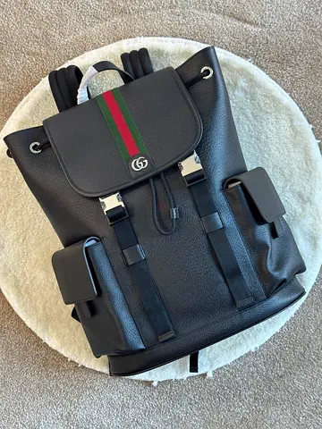 Gucci black leather Double Buckle Backpack