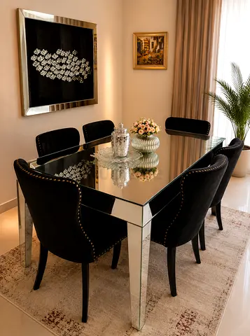Mirrored Glass Top Dining Table with 6 Black Velvet Chairs