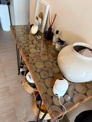Wood slice console table with glass top - natural rustic entry table