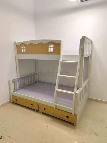 White & beige wooden bunk bed for kids with storage drawers