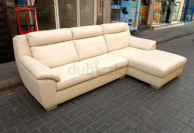 Cream Leather 3-Seater Sofa with Right Chaise - Good Condition