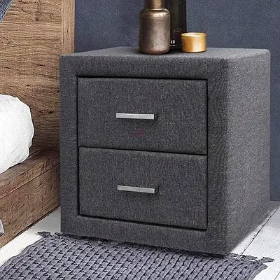 Dark grey upholstered bedside table with two drawers