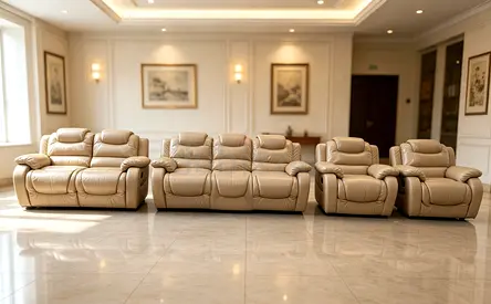 Beige Leather Recliner Sofa Set - 5-Seater + 2 Single Recliners
