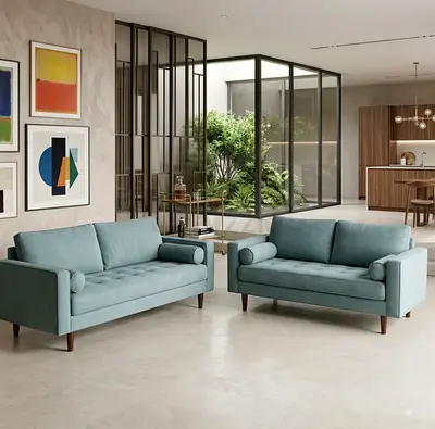 Pair of Modern Aqua Fabric Sofas - 2- and 3-Seater