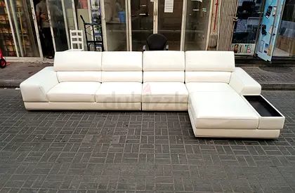 Large White Leather L-Shape Sectional Sofa with Chaise and Storage