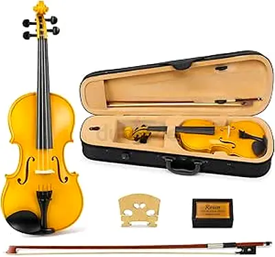 MegArya Handmade 4/4 Full Size Acoustic Violin, Glossy Yellow, Premium Indian Maple Wood, Complete B