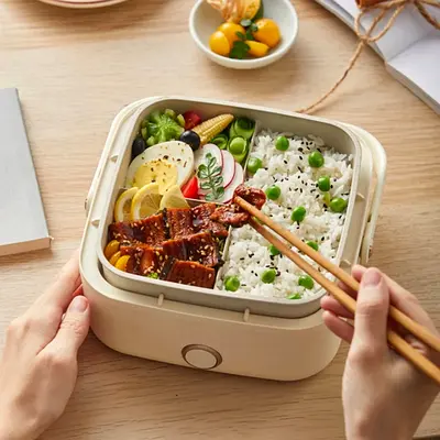 Portable Electric Lunch Box with Removable Compartments - Beige