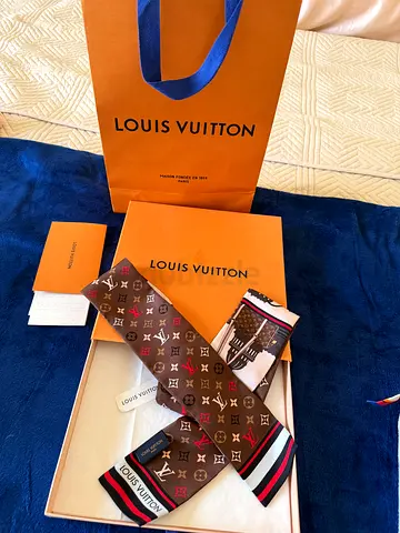 Authentic Louis Vuitton Silk Twilly Scarf - Brown Monogram Print (With Box) and bag