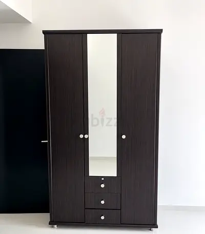 3-Door Dark Wood Wardrobe with Mirror and Drawers