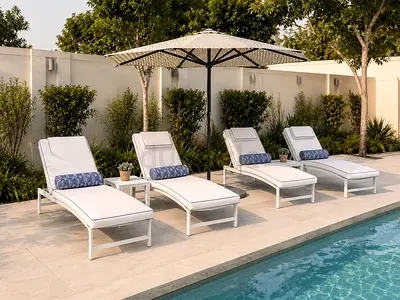 4 x Poolside sun loungers and 2 Side tables with umbrella set