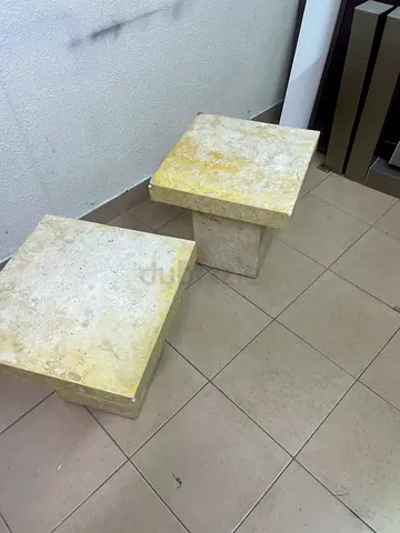Pair of Square Stone Side Tables / Stools - Beige Travertine Look