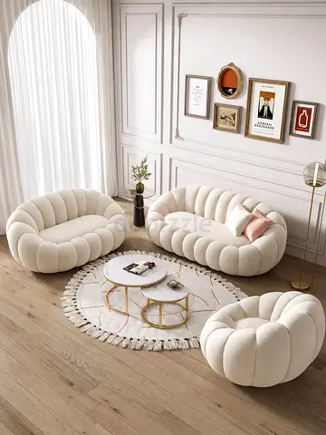 Cream boucle 3-seater sofa + 2 armchairs set - modern scalloped design