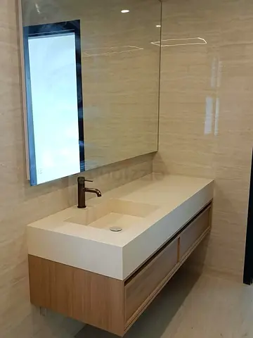 Luxury Custom Bathroom Vanity Cabinet with Built-In Stone Wash Basin, Natural Wood Finish, Soft Mini