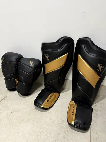 Hayabusa boxing gloves and shin guards set - black/gold, lightly used