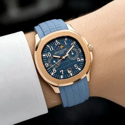 Patek Philippe-style Men's Rose Gold Blue Dial Sport Watch with Blue Rubber Strap